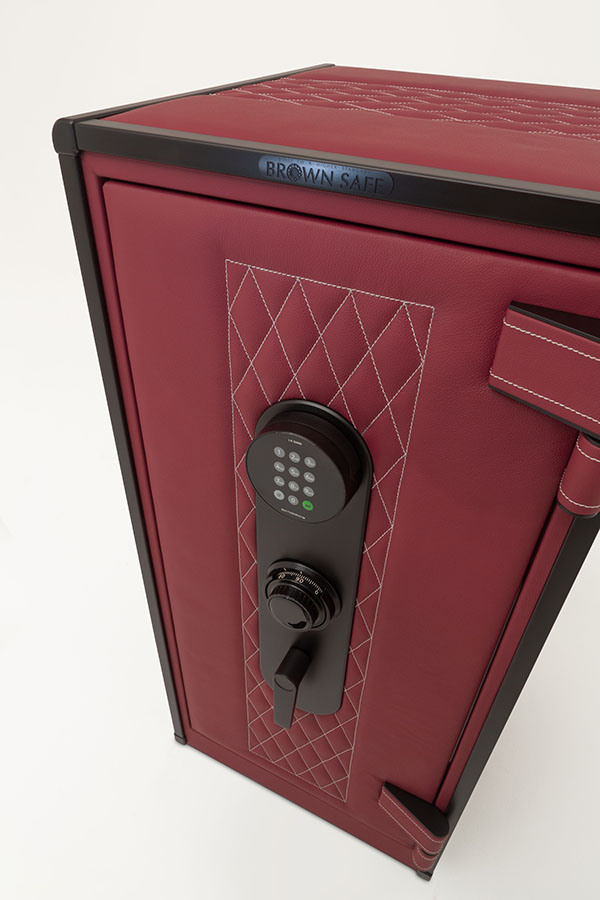 bespoke red leather safe with black stainless lock and handle